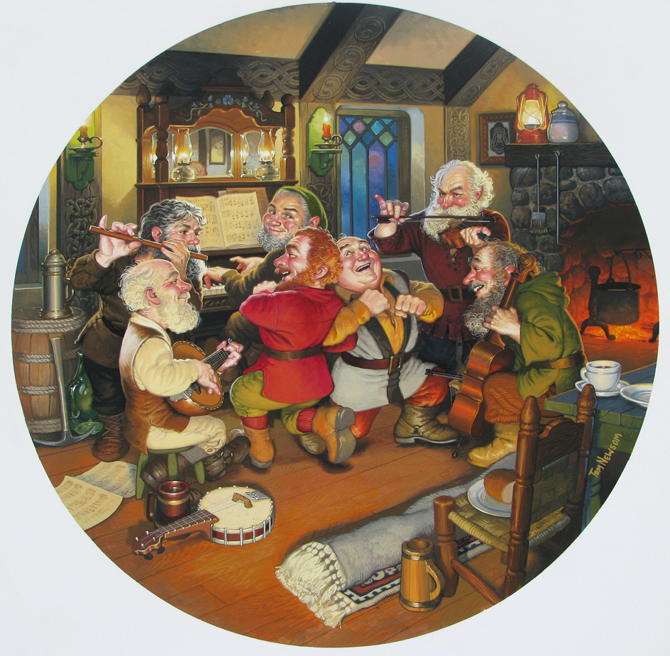 The seven dwarves are singing after dinner on this collectors plate.