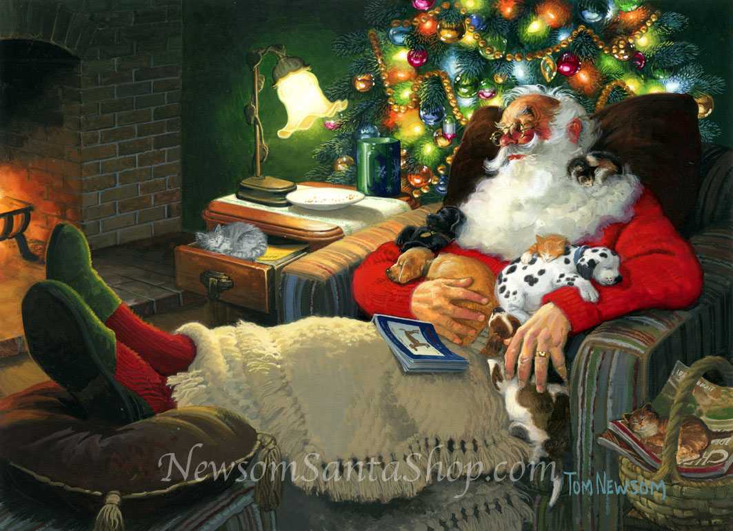 Santa and his puppies nap by the fire.
