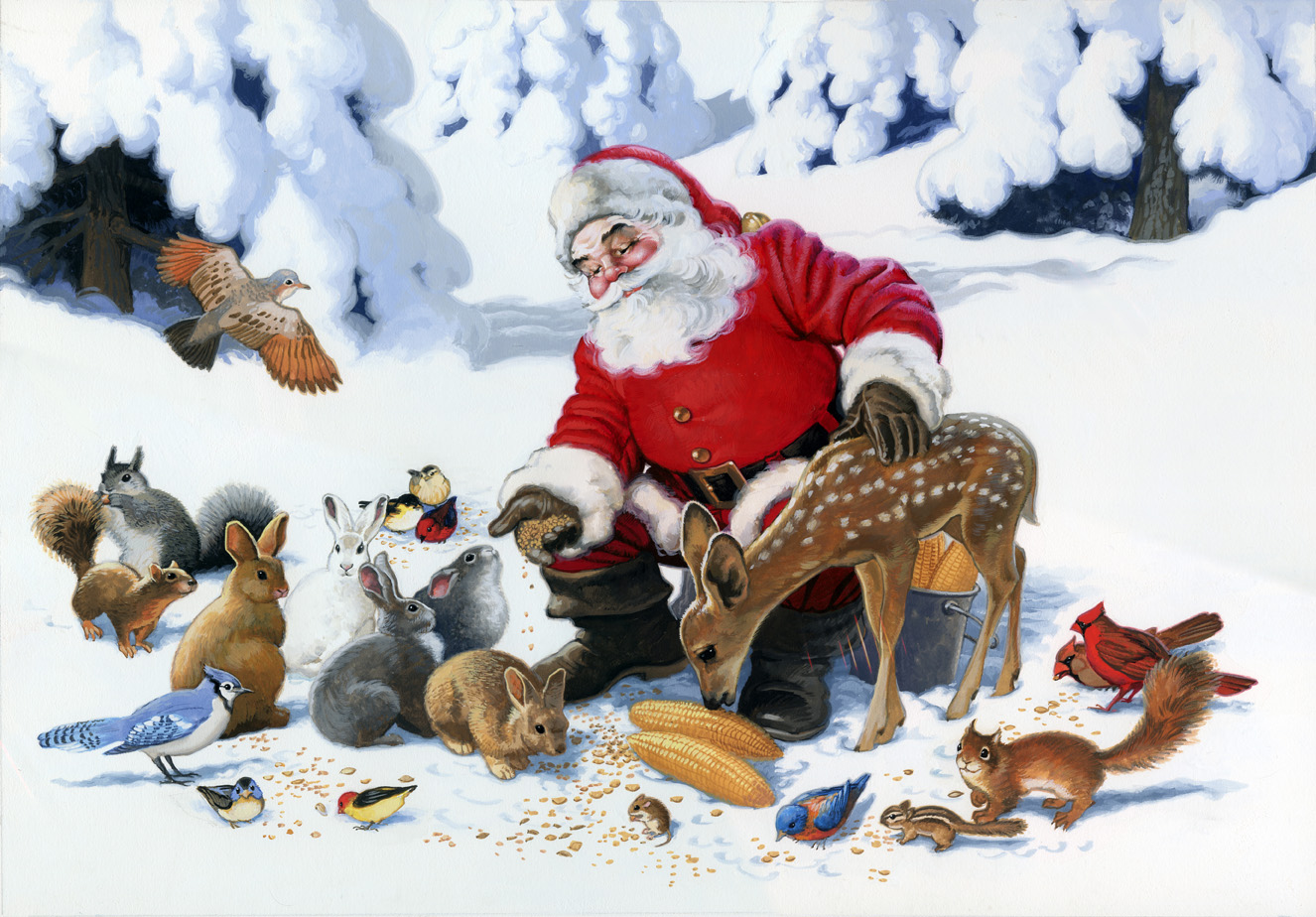 Santa is friends will all the woodland creatures.