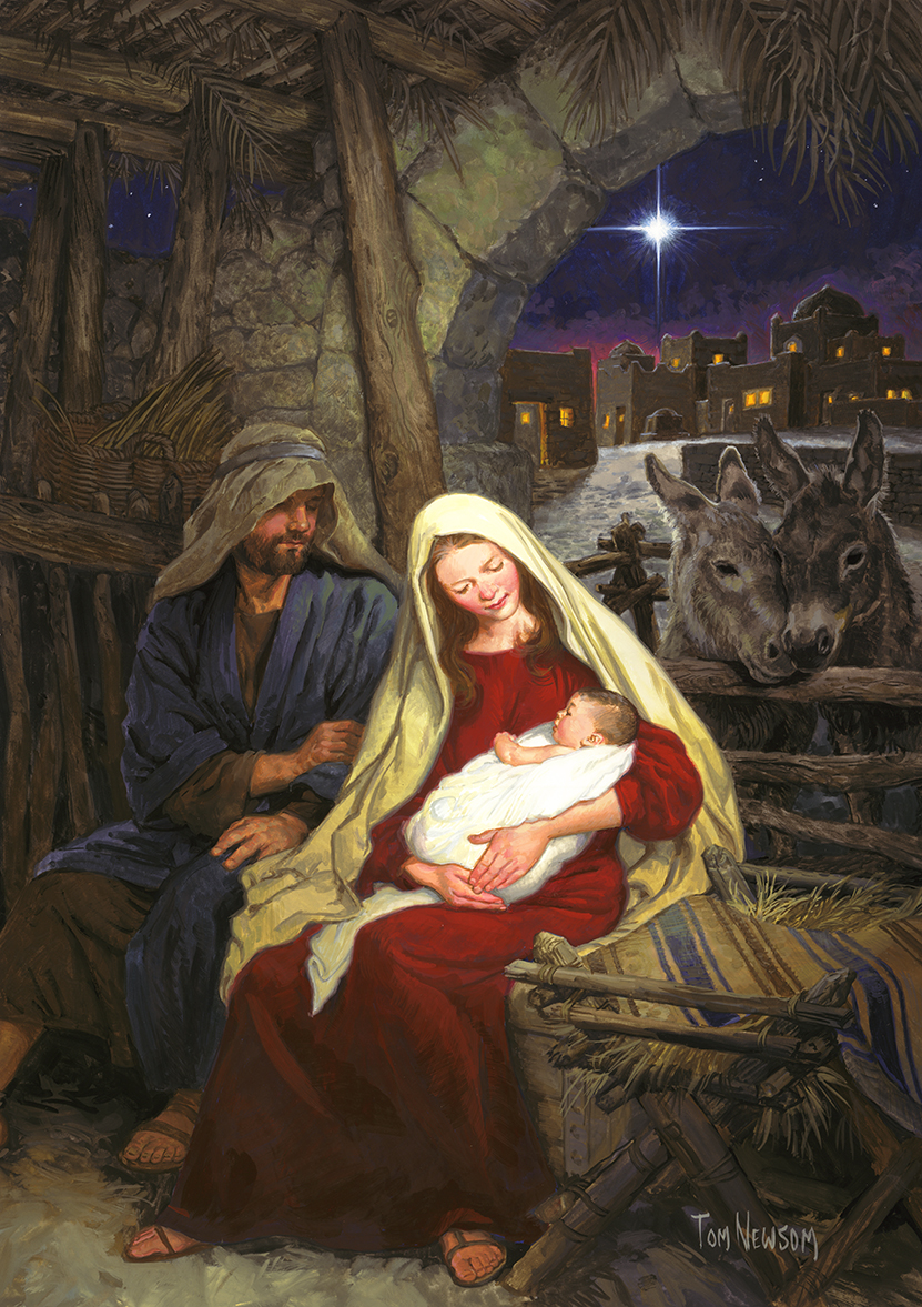 Mary and Joseph are looking at the Baby Jesus on this Christmas Card.