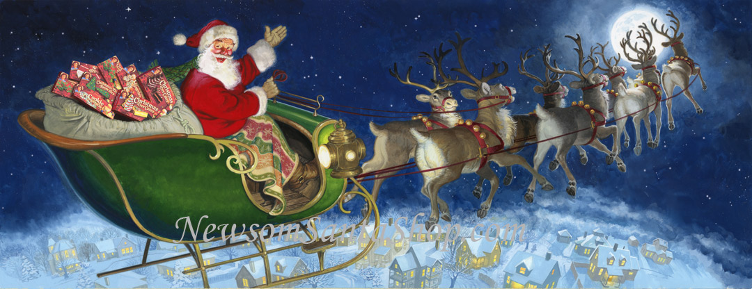 The reindeer safely fly Santa over a village on his yearly journey.