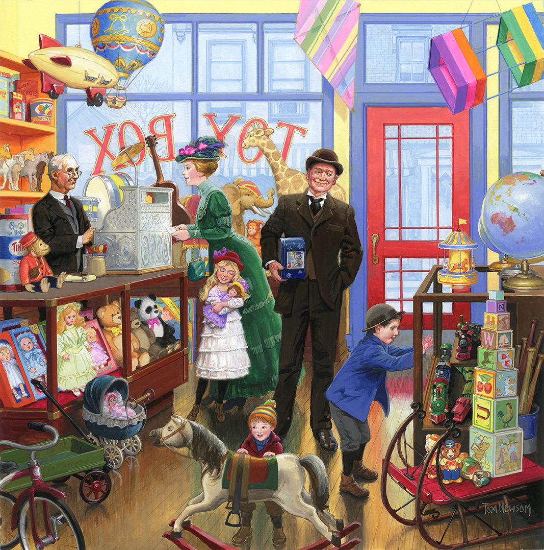 Another Victorian family shops at a a toy store.