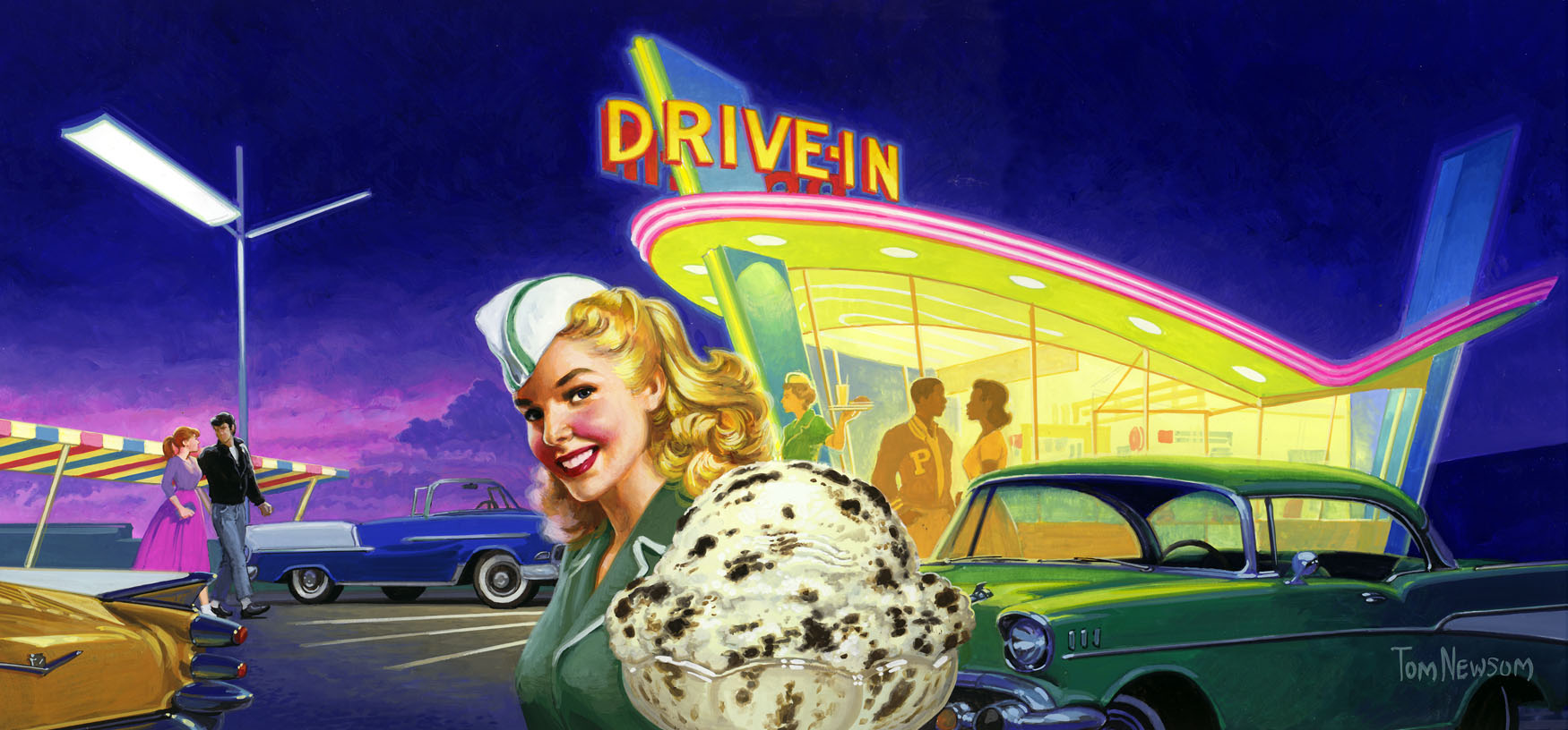 A beautiful and nostalgic drive-in is the background for this ice cream ad.