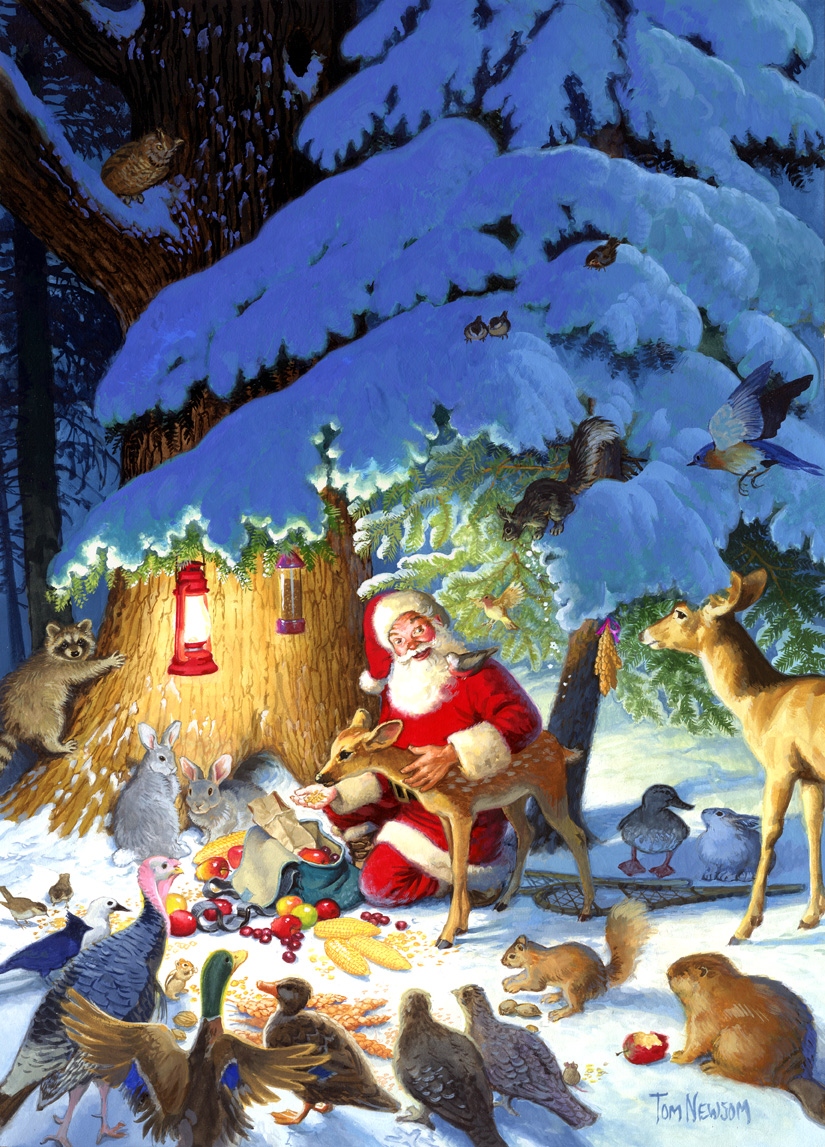 The woodland creatures gather around when Santa arrives!