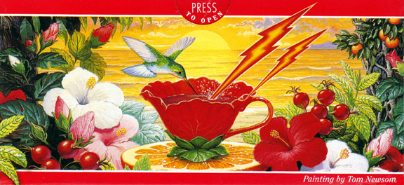 This Humming bird sips from the cup on tea on the cover of Celestial Seasonings Red Zinger Tea